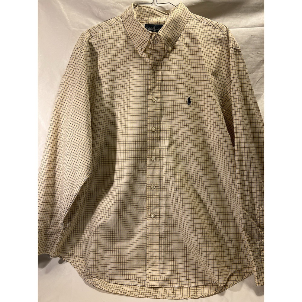 Ralph Lauren Shirt Mens 17.5" 34/35  Custom Fit Yellow Windowpane Dress Shirt